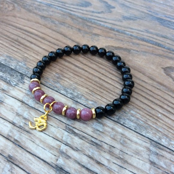 Om bracelet with Tourmaline & Lepidolite. healing bracelet - Picture 3 of 9